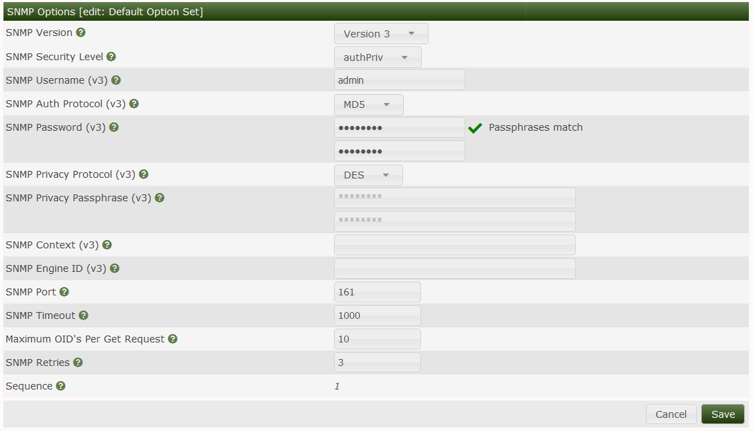 SNMP Options Item Edit SNMPv3